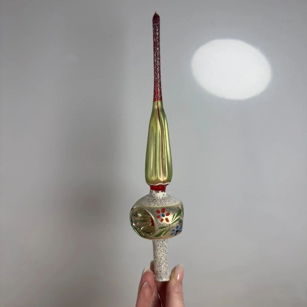 Vintage Polish Mercury Glass Christmas Tree Topper Hand Painted Floral 11 Inch